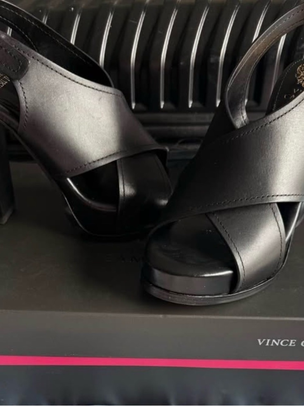 Vince Black Leather Crisscross Slingback Heels